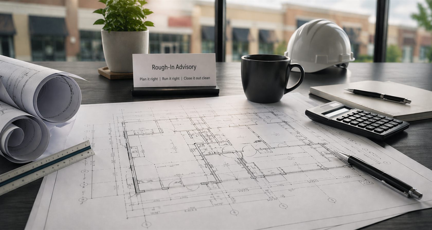 A project desk: rolled blueprints, a floor plan, a hard hat, and a Rough-In Advisory nameplate